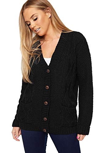 Red Olives New Women's Ladies Long Sleeve Button Top Chunky Aran Cable Knitted Grandad Cardigan UK 8-26