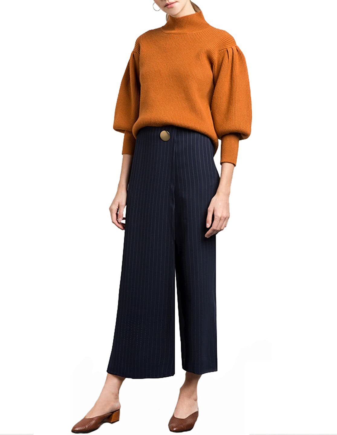 Richlulu Womens Lantern Sleeve Turtleneck Vintage Female Sweater