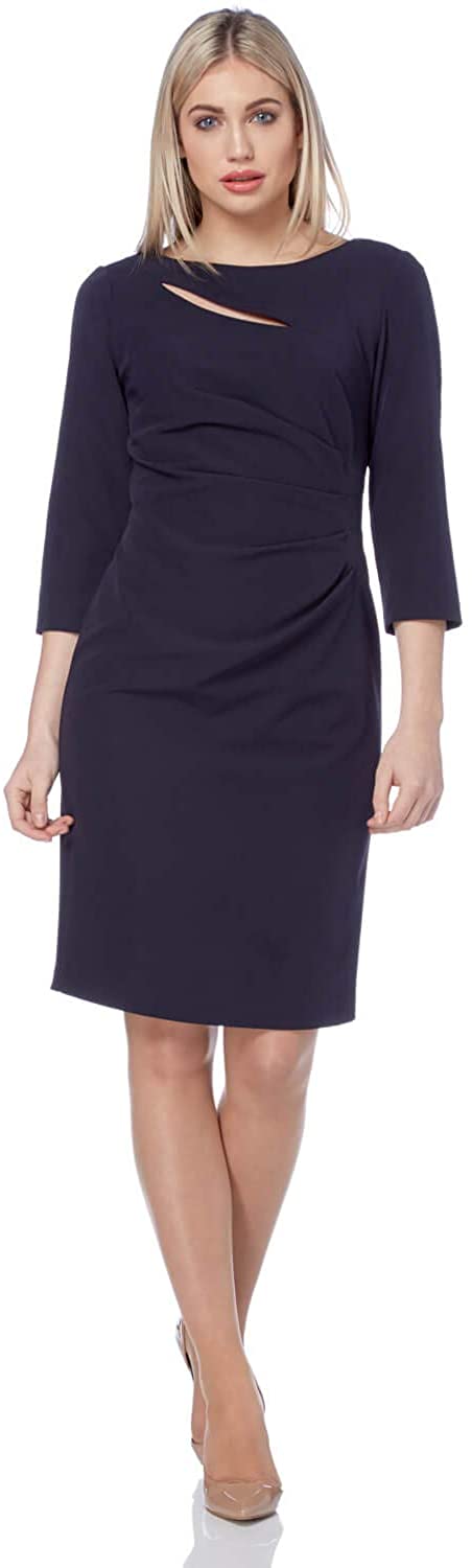 Roman Originals Women Boat Neck Keyhole Yoke Pencil Shift Dress - Ladies Classic Knee Length Bridesmaid Elegant Summer Smart Work Office Formal Bodycon Plain Slimming Dresses