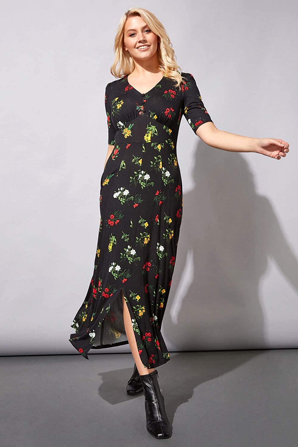 Roman Originals Women Maxi Floral Tea Dress - Ladies Smart Casual Work Office Everyday Longline V-Neck Button Down Short Sleeve Comfortable Stretch Jersey Dresses