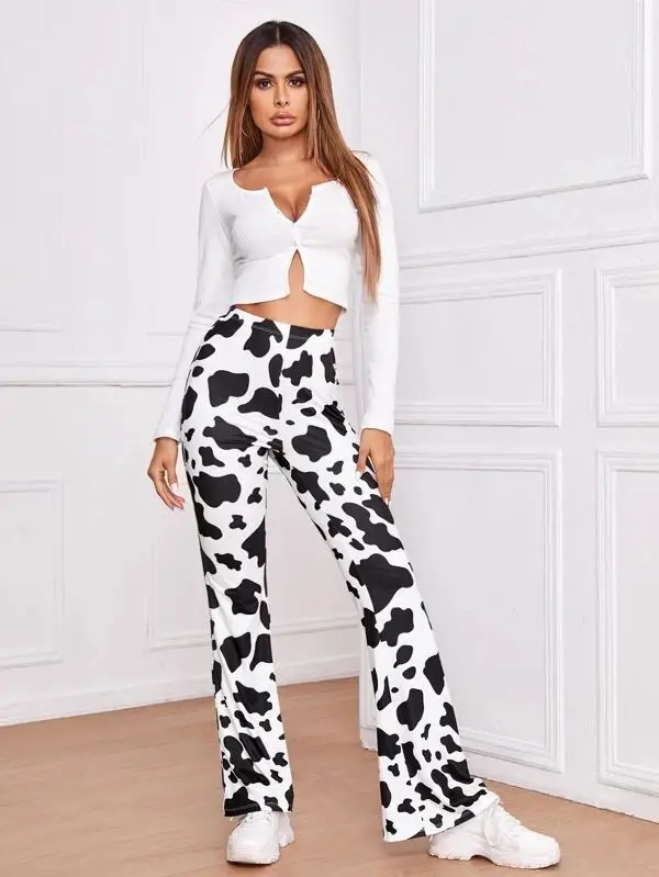 SHEIN Cow Print High-Rise Flare Trousers