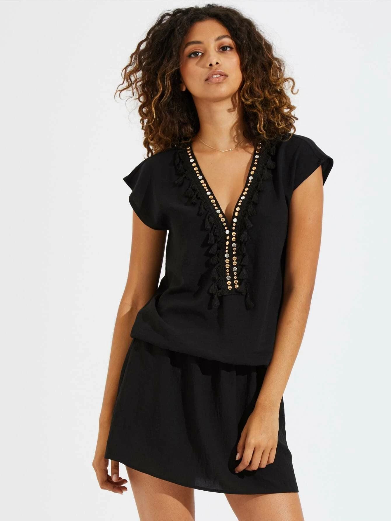 SHEIN Tassel Trim Drop Waist Dress