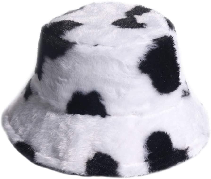 SOIMISS Furry Cow Bucket Hat Winter Autumn Cow Print Warm Cap Warmer Zebra Fisherman Cap Unisex Warm Sun Hat Women Men