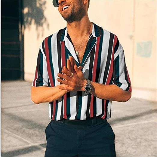 SSMENG Men's Vertical Striped Short Sleeve Button Down Shirts