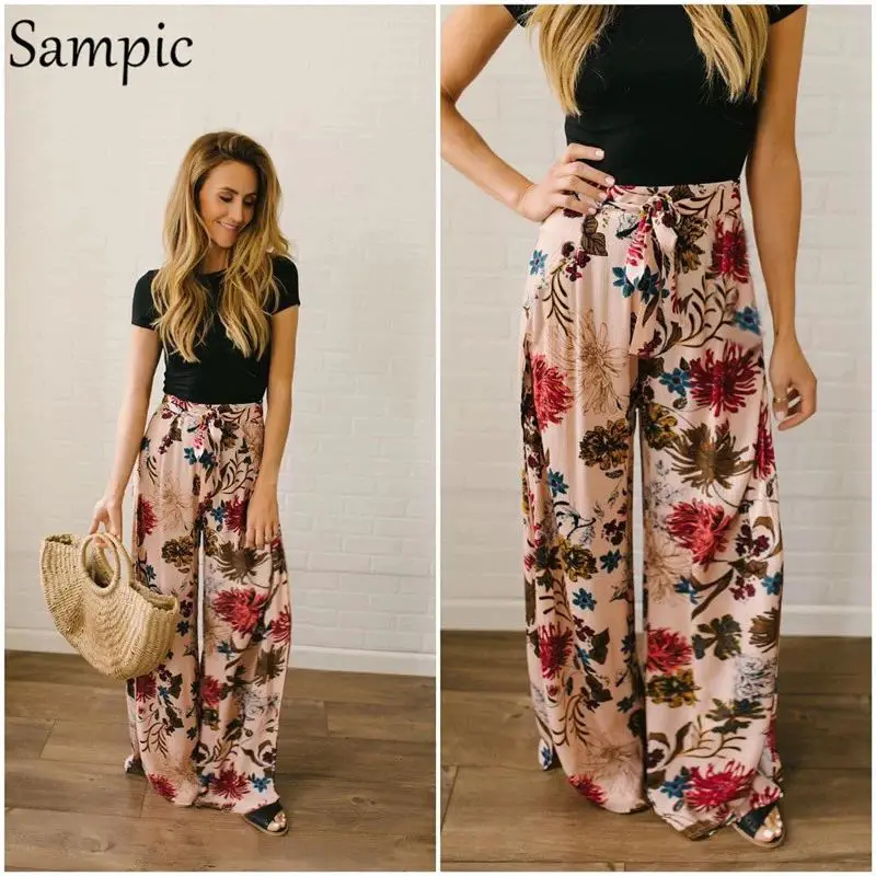 Sampic - High waist and flared leg pants, bohemian style, for women, long, wide and relaxed bottom for the beach, floral print, pink belts, summer