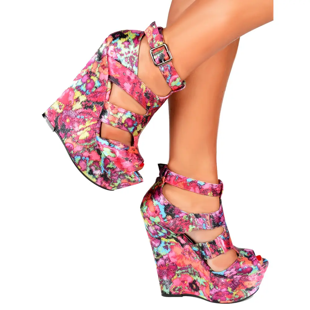 Satin Wedge Peep Toe Platform Shoes - Strappy Sandals - Floral Multi