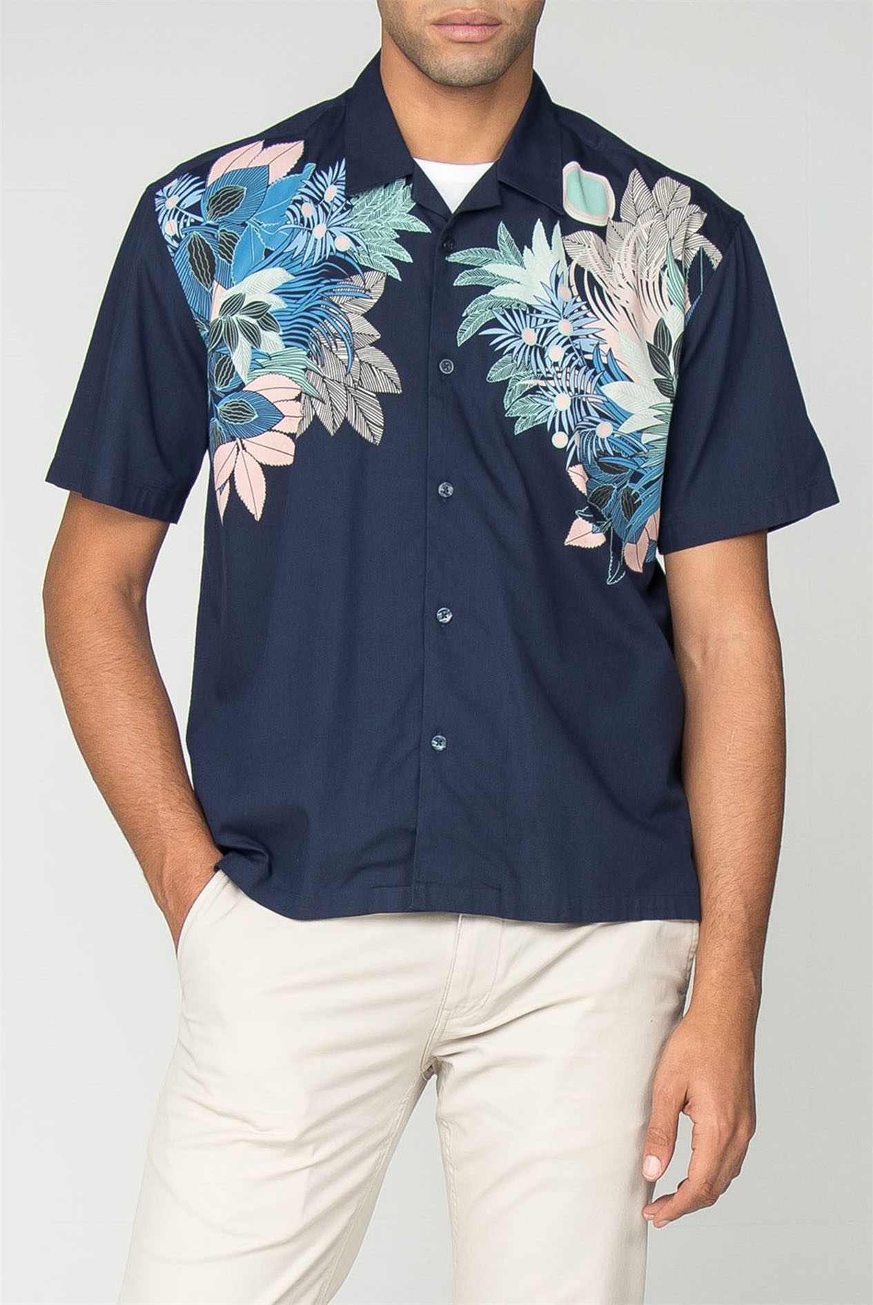 Short Sleeve Viscose Foliage Print Shirt