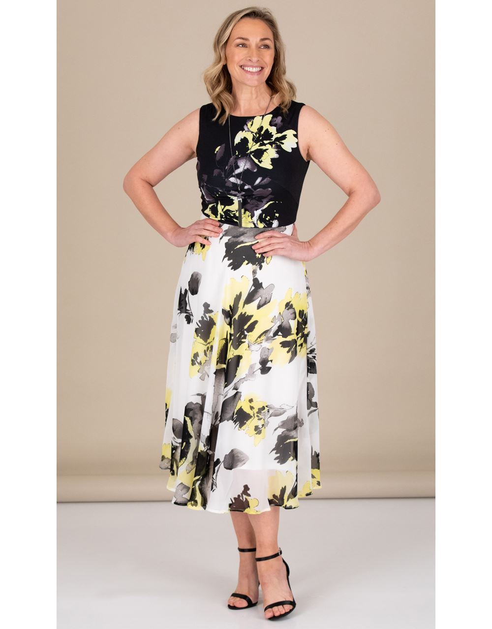 Sleeveless Floral Printed Midi Dress - Ivory/Black/YellowStyle: 100K1S2