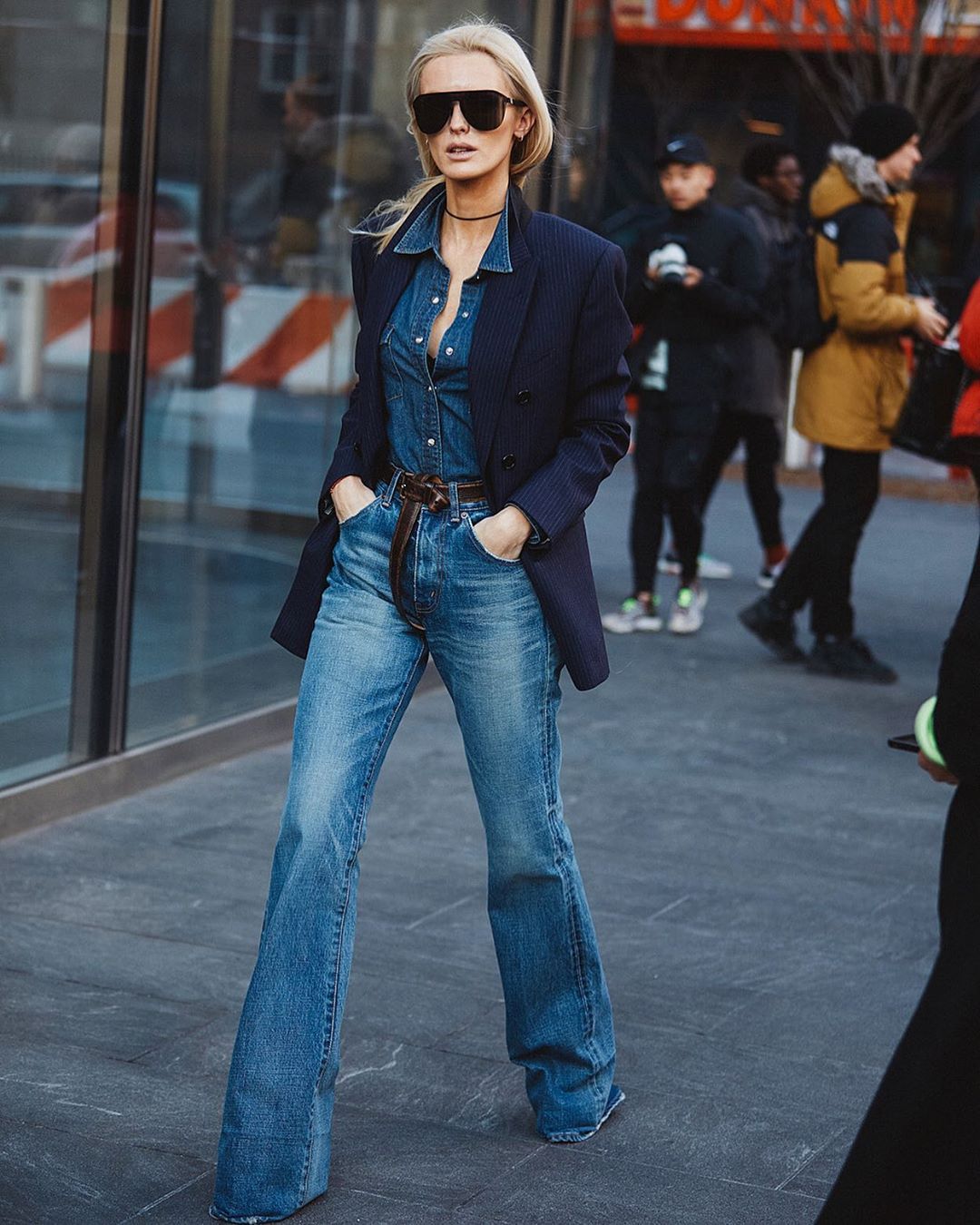 Stretch Denim jacket with boot-cut jeans