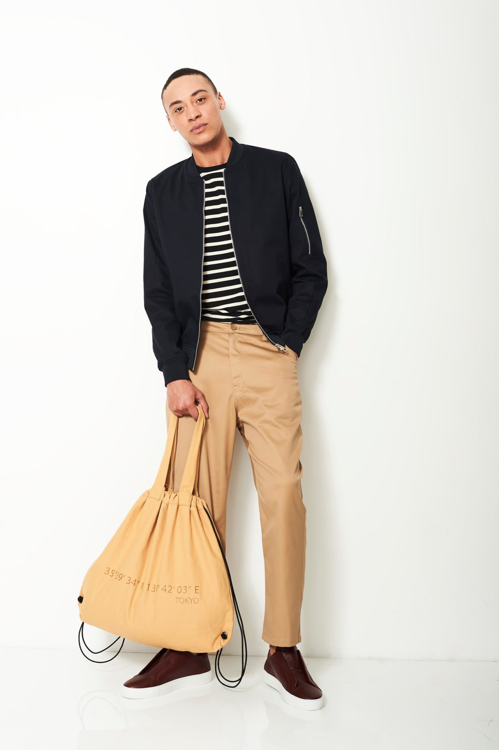 Striped Long Sleeve Shirt with a Sports Coat and a Pair of Khaki Pant