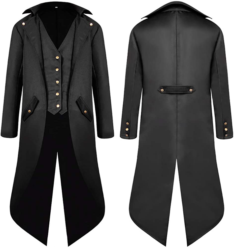 SwissWell Men's Steampunk Vintage Gothic Jacket Warm Tailcoat Men's Jacket Buttons Long Coat Cosplay Costume Digging Bomber Jacket Cape with Vest