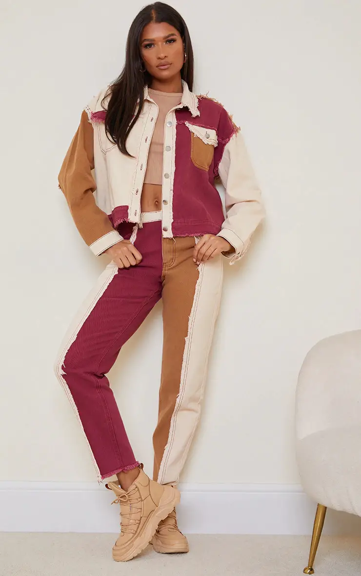 TAN FRAYED PATCHWORK MOM JEANS