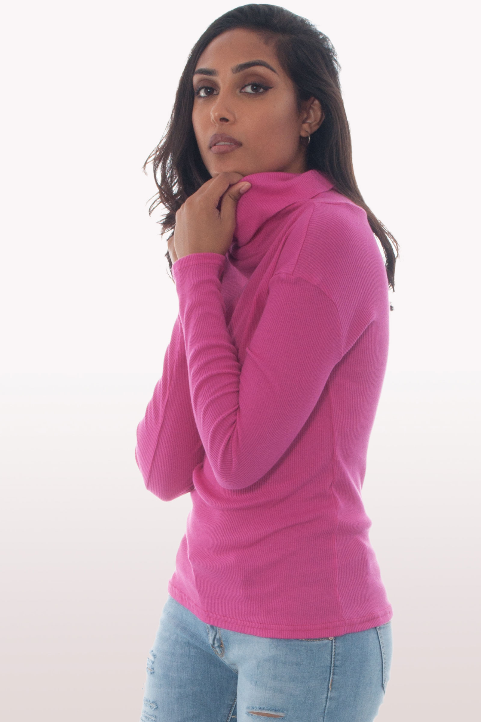Tara Hot Pink Ribbed Polo Neck Knit Jumper