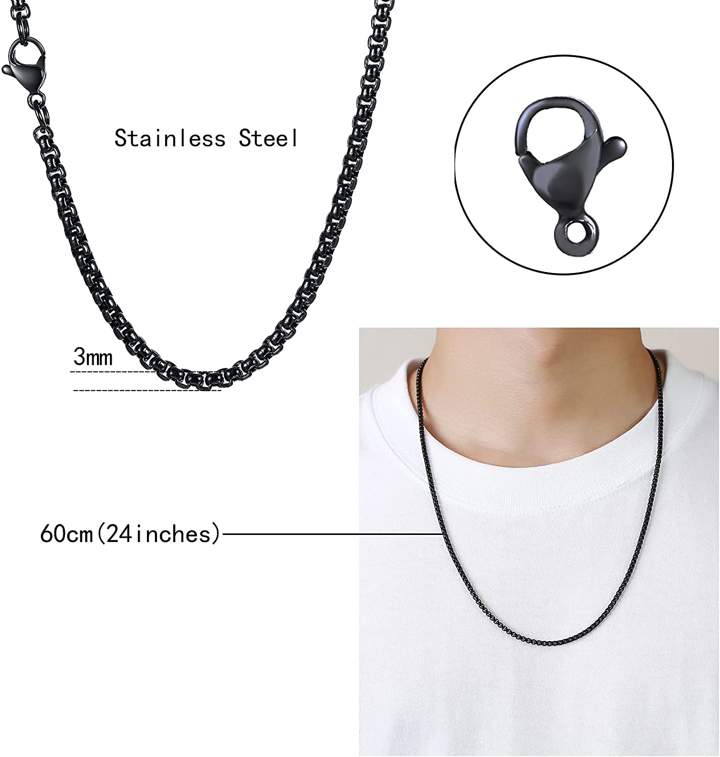 TempBeau 3MM/5MM Men's Box Chain Necklace 50cm / 60cm Stainless Steel with Lobster Clasp Slim Link Jewellery Making Sturdy