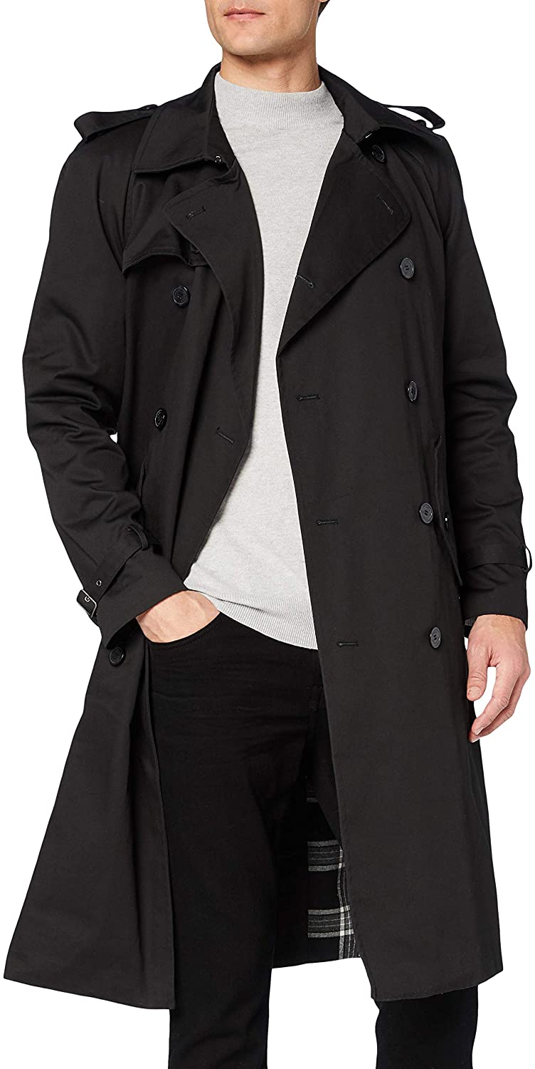 The Platinum Tailor Mens Black Traditional Double Breasted Long Trench Coat Cotton Military Rain Mac
