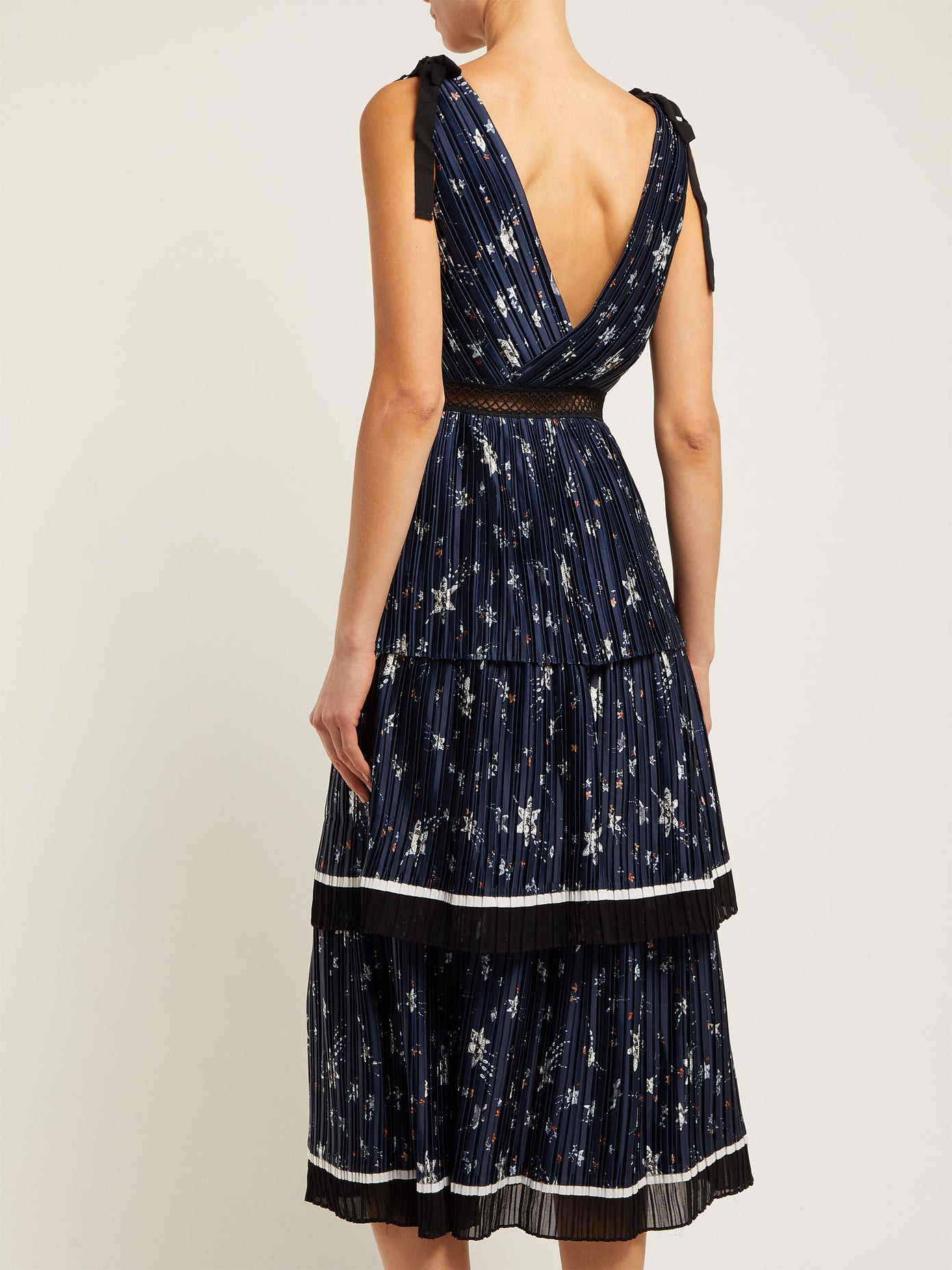 Tiered star-print satin midi dress