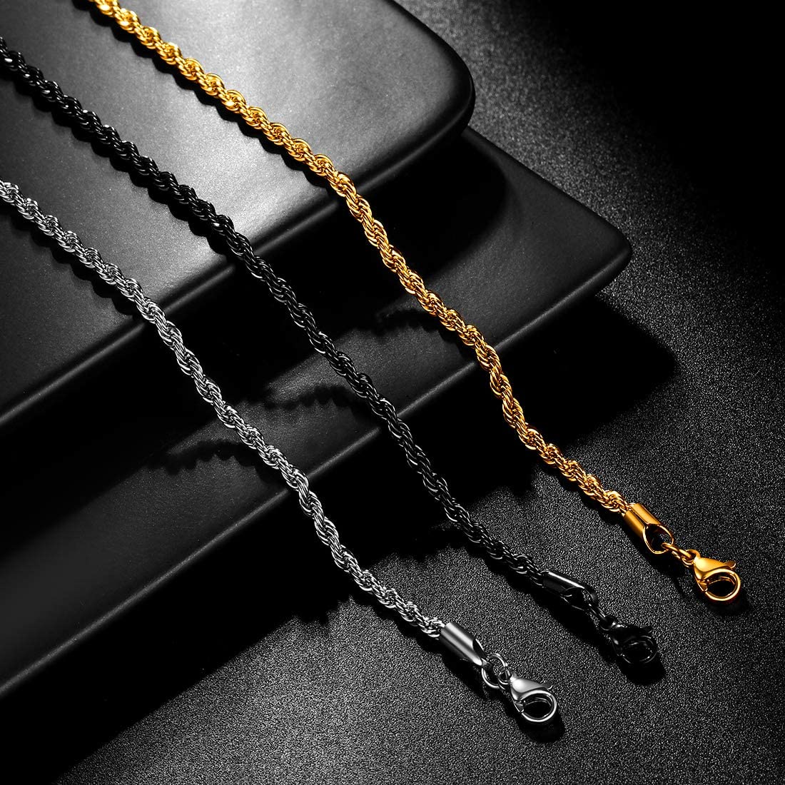 Twist Rope Chain Men 316 Stainless Steel 3mm/6mm Width Twisted Chains Mens 18 inches-30 inches Necklace Black Gun/18K Gold Plated Hip-Hop Jewelry