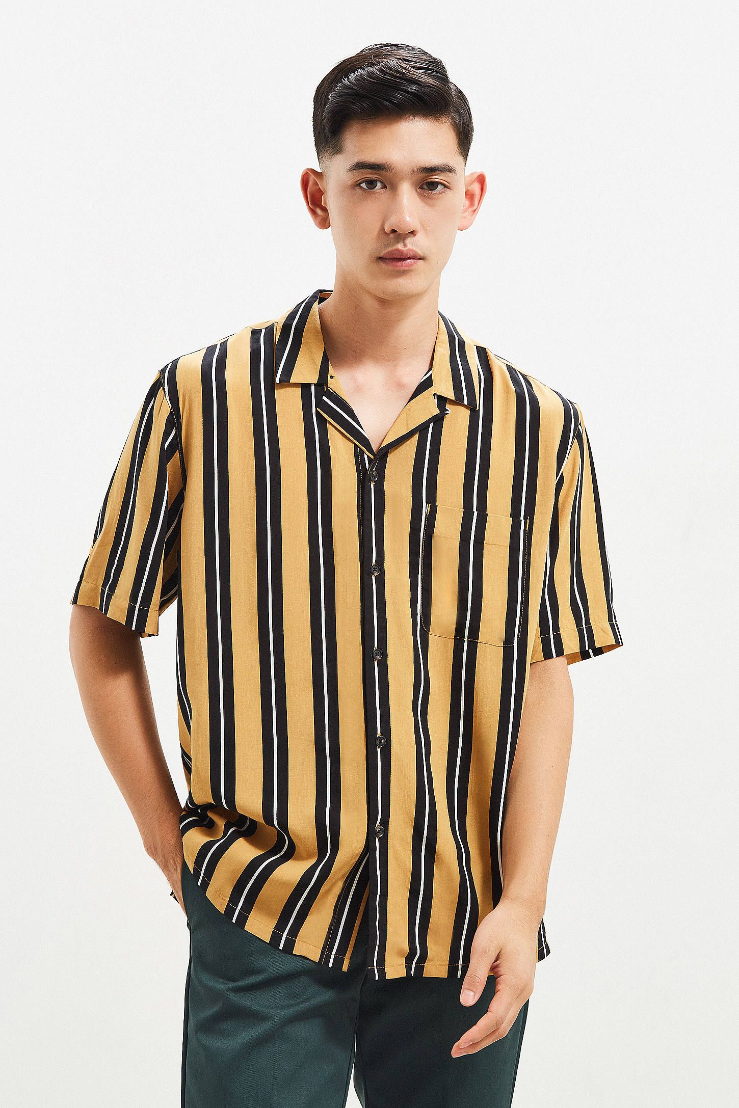 UO Rayon Vertical Stripe Short Sleeve Button-Down Shirt