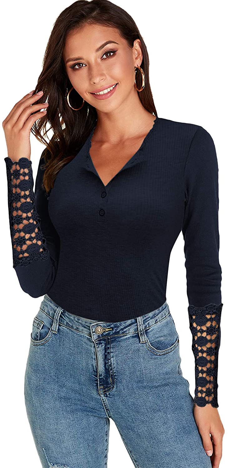 VONDA Women Sexy Long Sleeve V Neck Knit Tops Lace Floral Slim Fit Blouses Ladies Basic Shirts