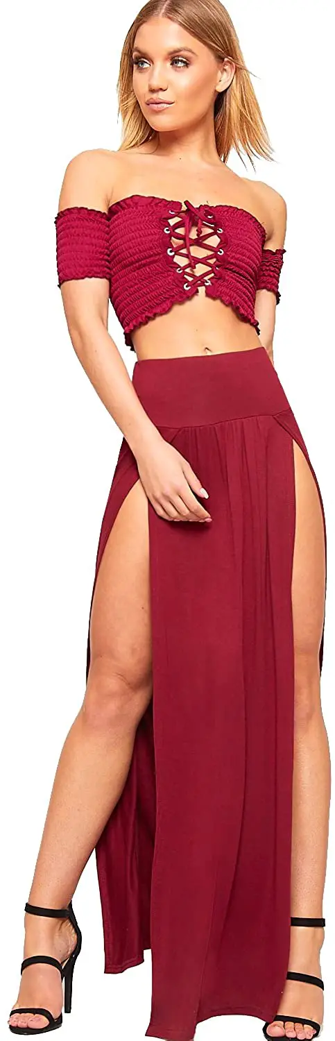 WearAll Womens Double Split Maxi Long Skirt Ladies Plain Basic Two Side Slit 8-14