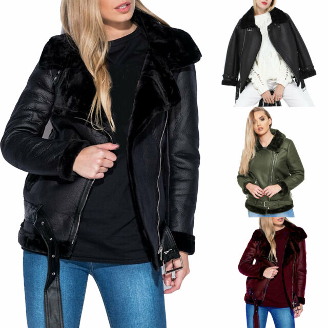 Womens Faux Leather Aviator Faux Fur Lined Belted Shearling Ladies Jacket Coat