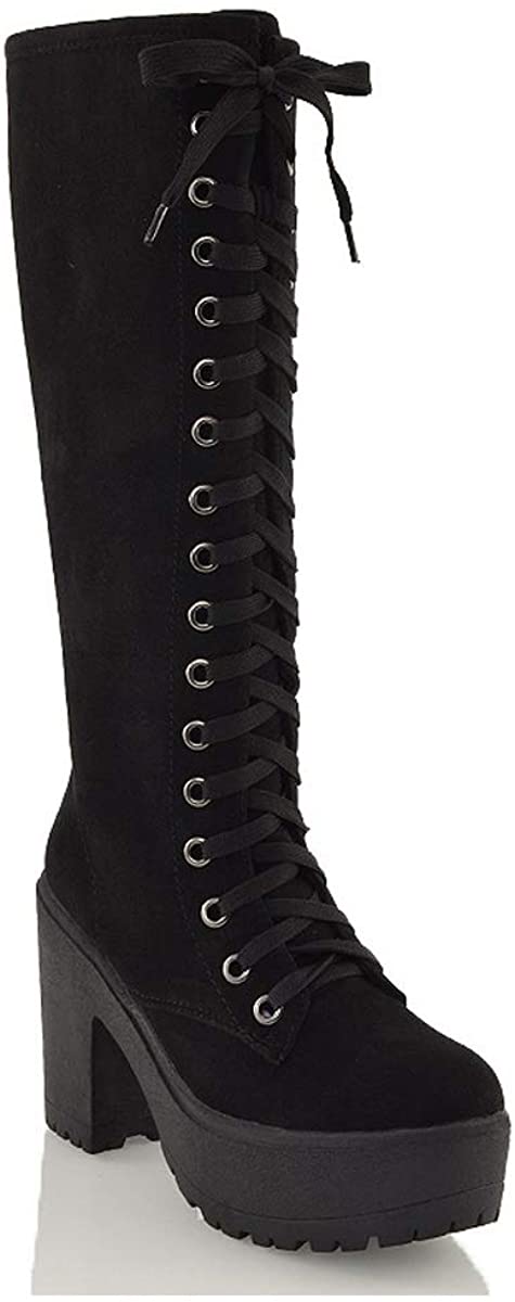 Womens Lace Up Mid Knee High Boots Ladies Cleated Chunky Block Platform Goth Combat Biker Lace Up Black Boots
