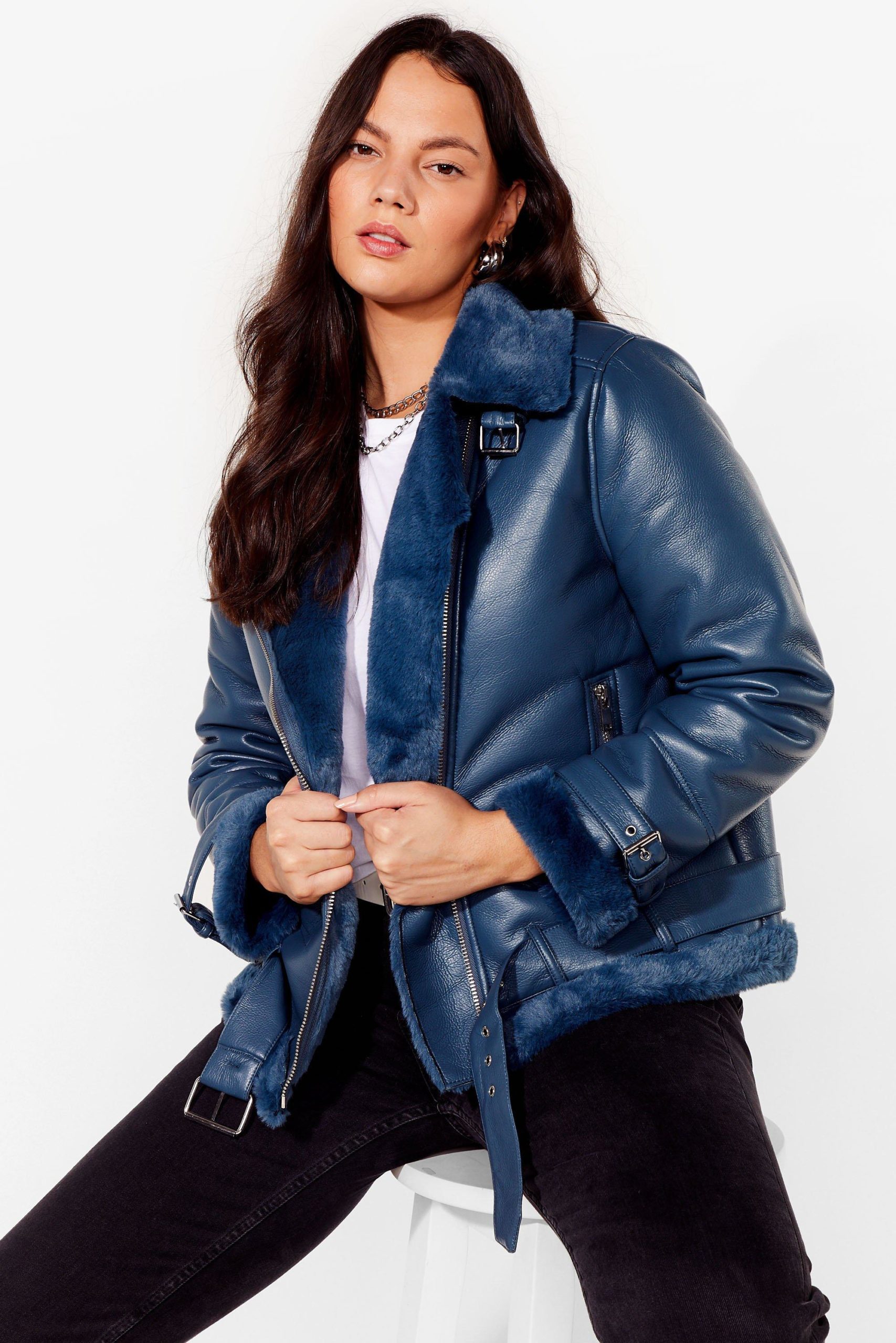 ladies aviator leather jacket navy blue