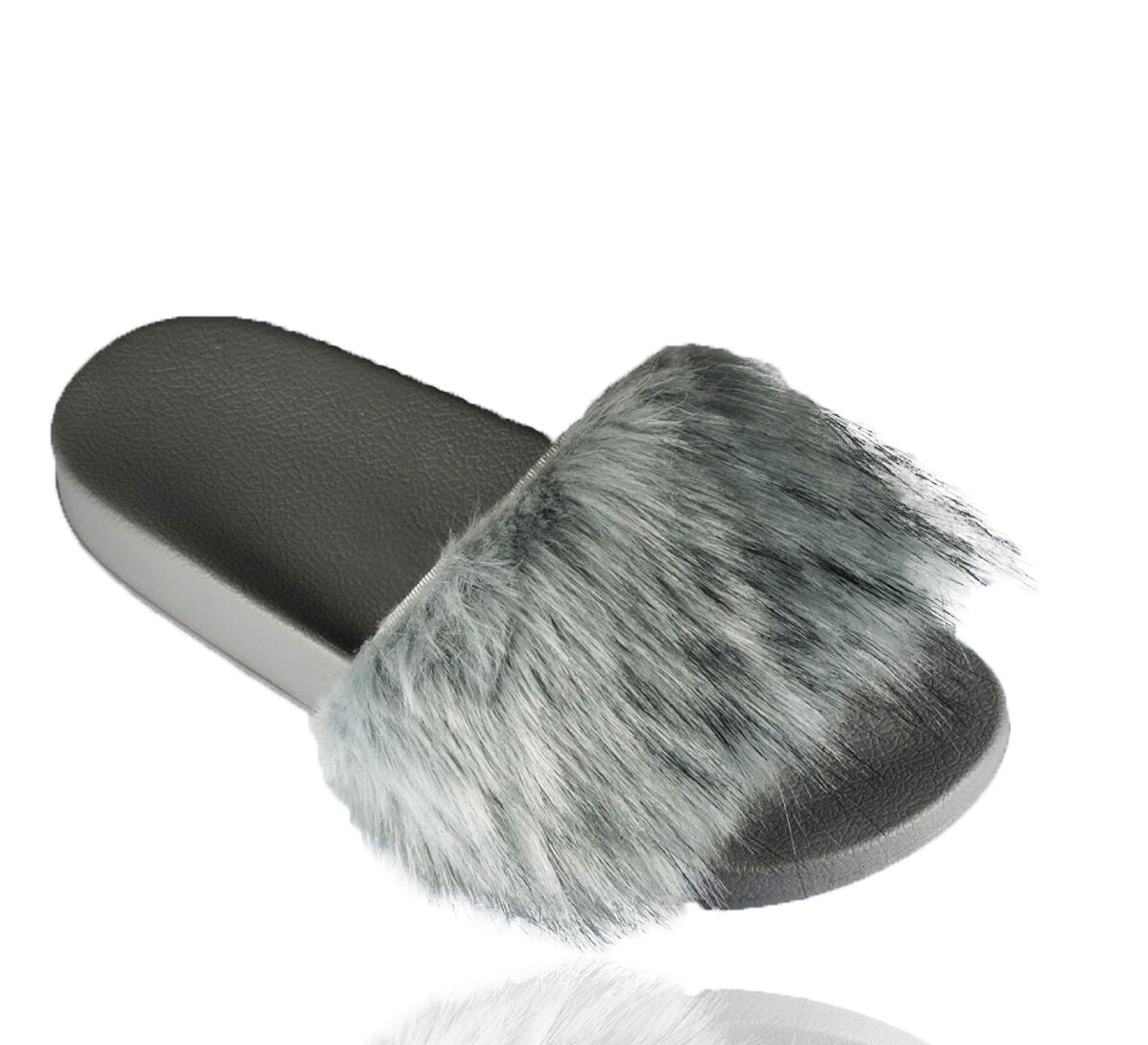 Womens Slip On Flat Furry Rubber Slider Mules Fur Slipper Rihanna Sandals