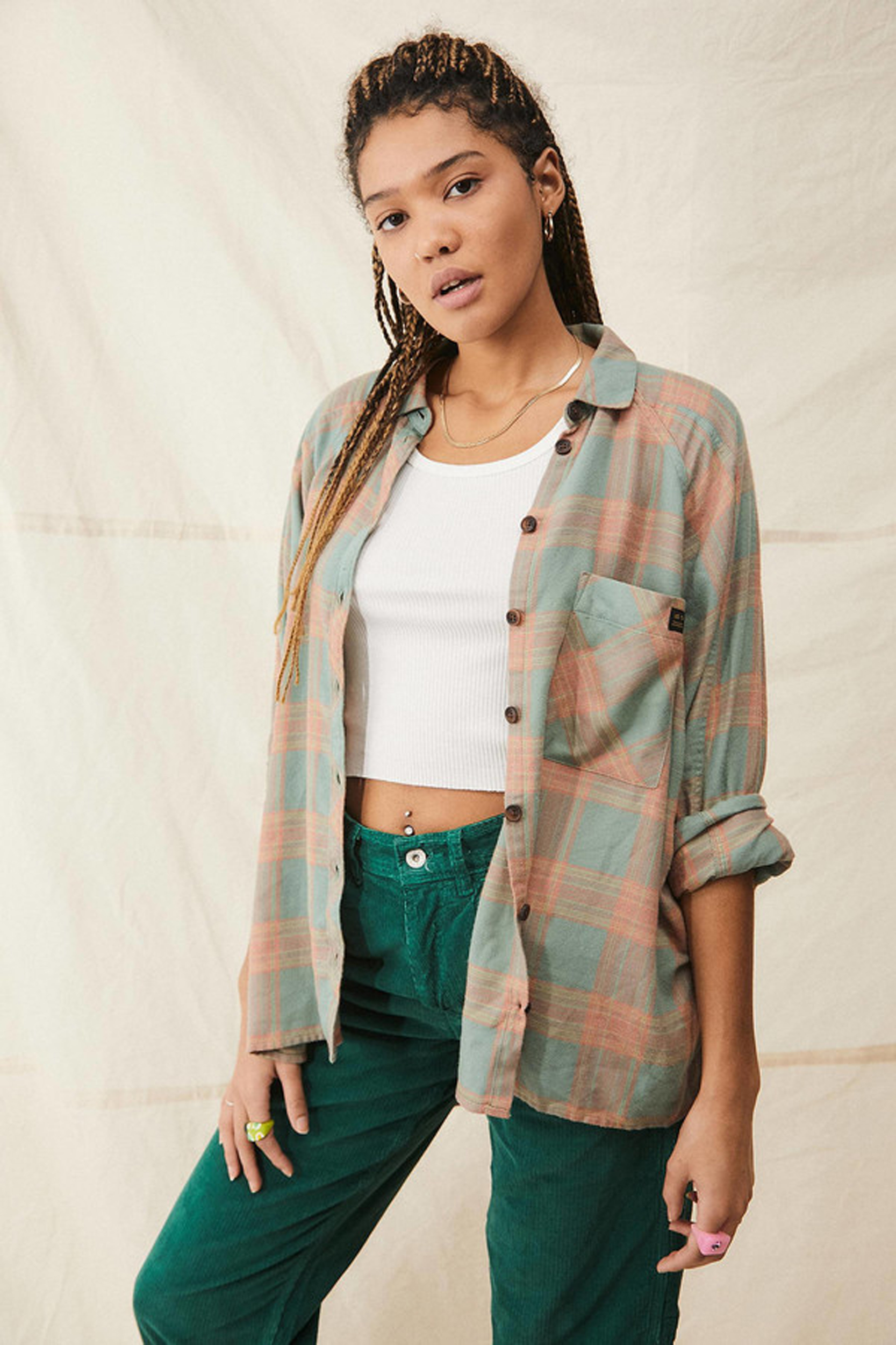 Women's Uo Brendan Green & Pink Drapey Button-down Shirt