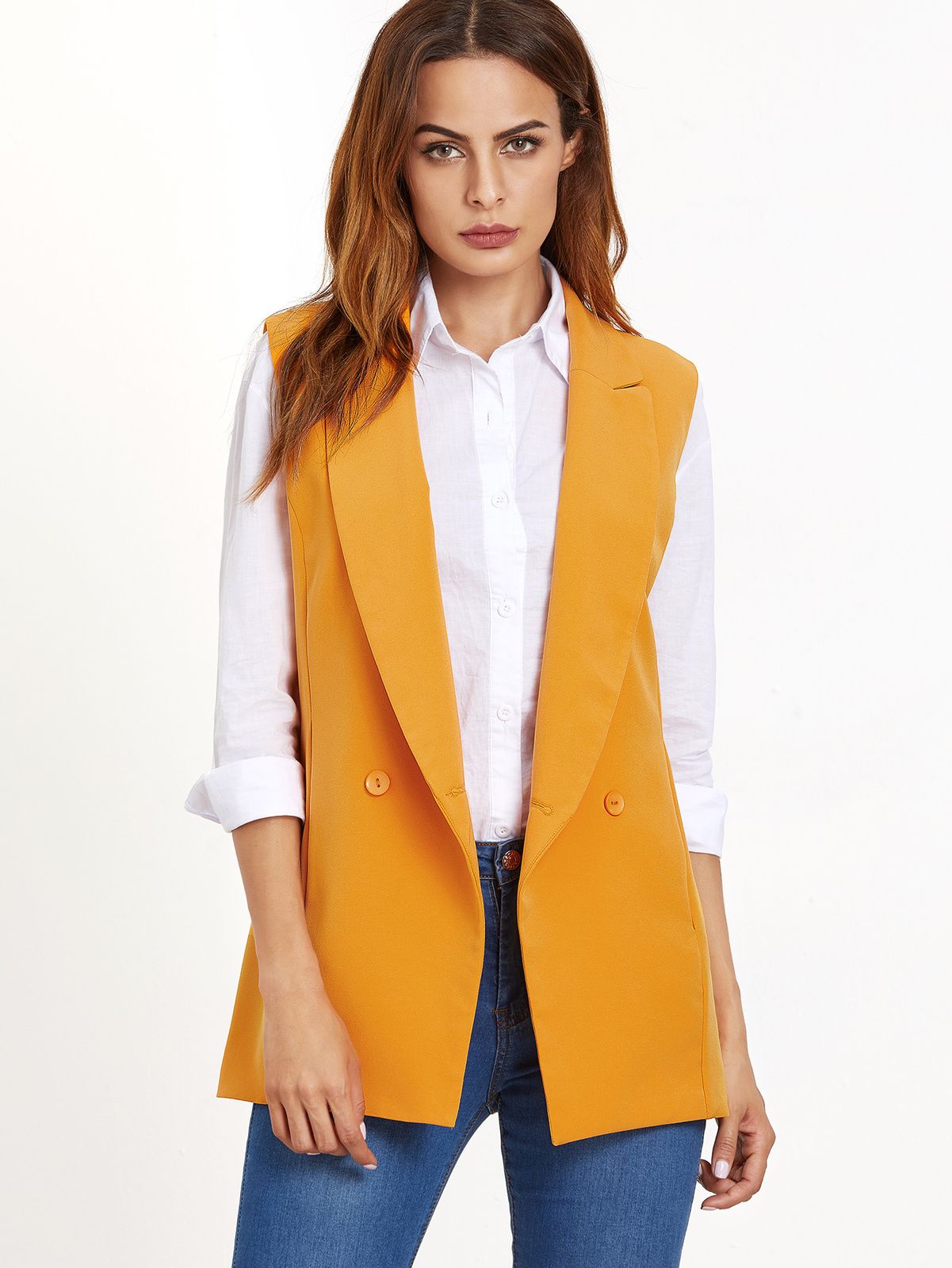 Womens Yellow Double Breasted Sleeveless Blazer