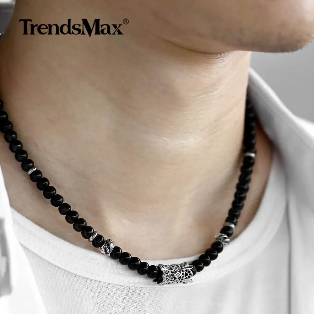 Wood Bead Choker Necklace For Men Women CZ Crown Pendant 16-29 inch Adjustable