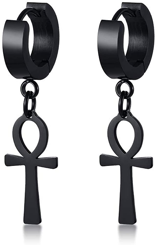 XUANPAI Stainless Cool Clip Earrings Piercing Stainless Steel Ankh Cross Charm Hoop Dangle Hinged Stud Earrings for Men
