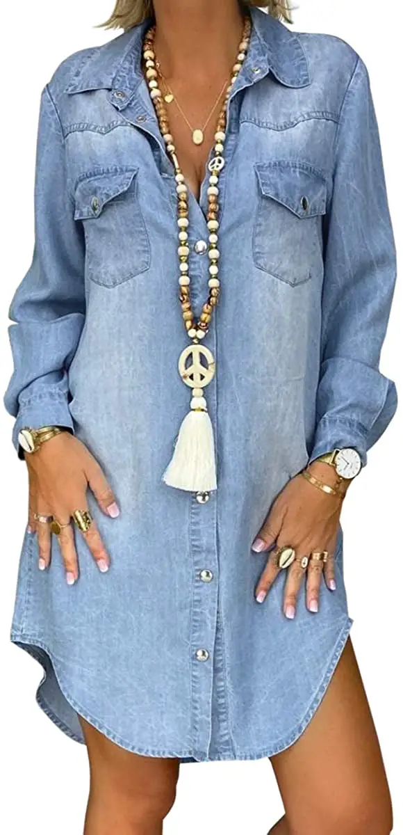 YILEEGOO Womens Long Sleeve Vintage Lapel Buttons Denim Jean Shirt Dress