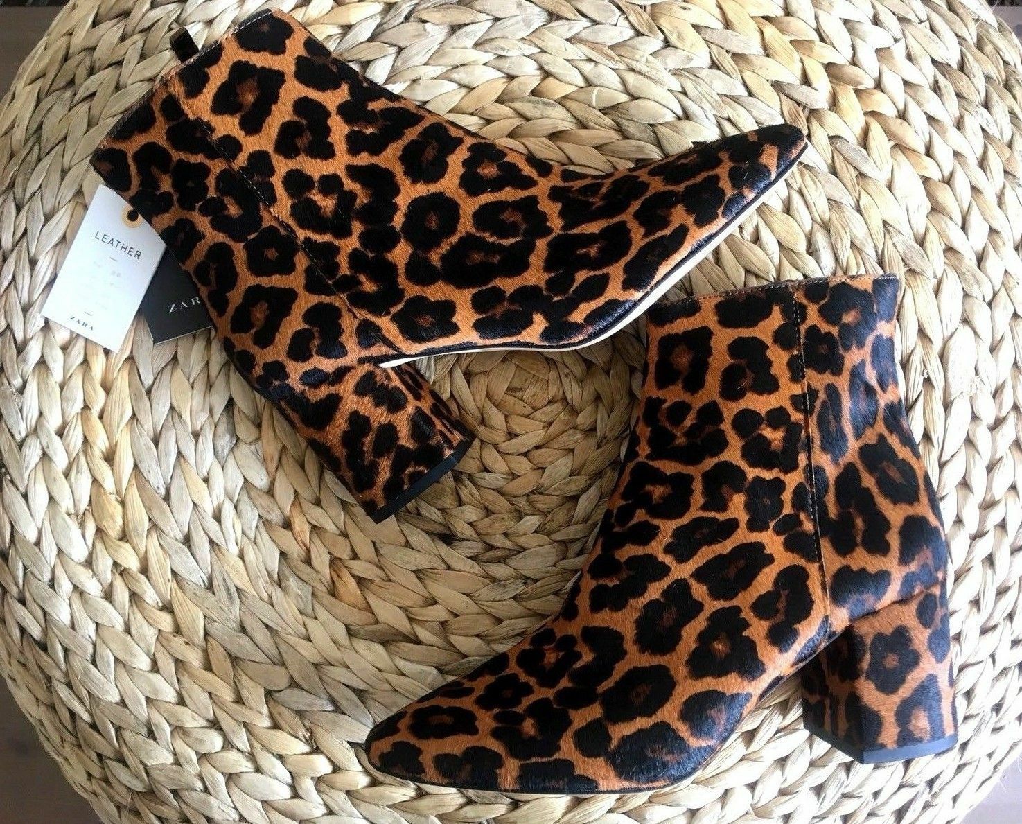 ZARA LEOPARD FUR SKIN LEATHER MID HEEL ANKLE BOOTS SIZE UK3 EUR36 US6