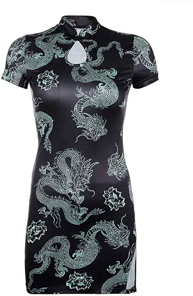 Zerototens Women Chinese Style Mandarin Embroidery Dragon Sexy Street Collar Dress