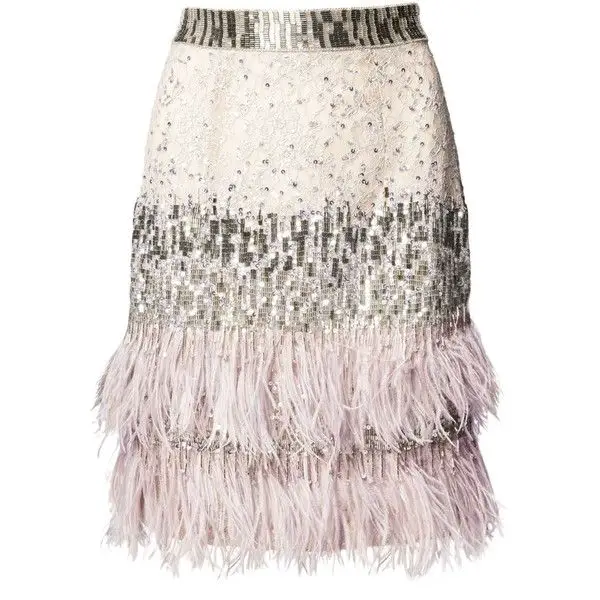 Matthew Williamson Silver Lace Beaded Feather Skirt 