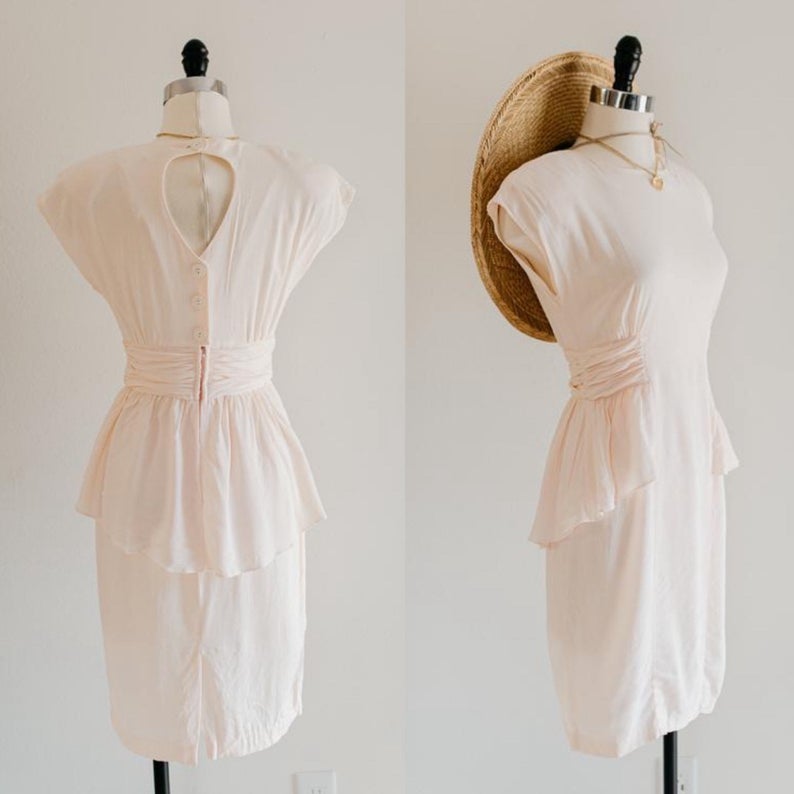 blush peplum dress - XS | vintage light pink midi dress | straight skirt ruffle dress | 80s puff sleeve pink bodycon dress | keyhole dress