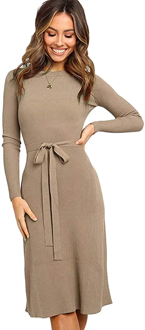 carprinass Women's Knitted Jumper Dress Long Sleeve Round Neck Slim Fit Ribbed Knitwear Midi Dresses Solid Color Khaki