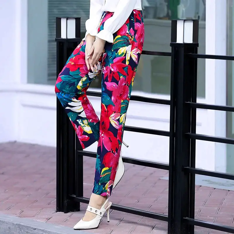 2020 Summer Women Pants Beach Wear Floral Print Plaid Pants Plus Size 5XL Women Long Pants Female Korean High Waist Trousers
