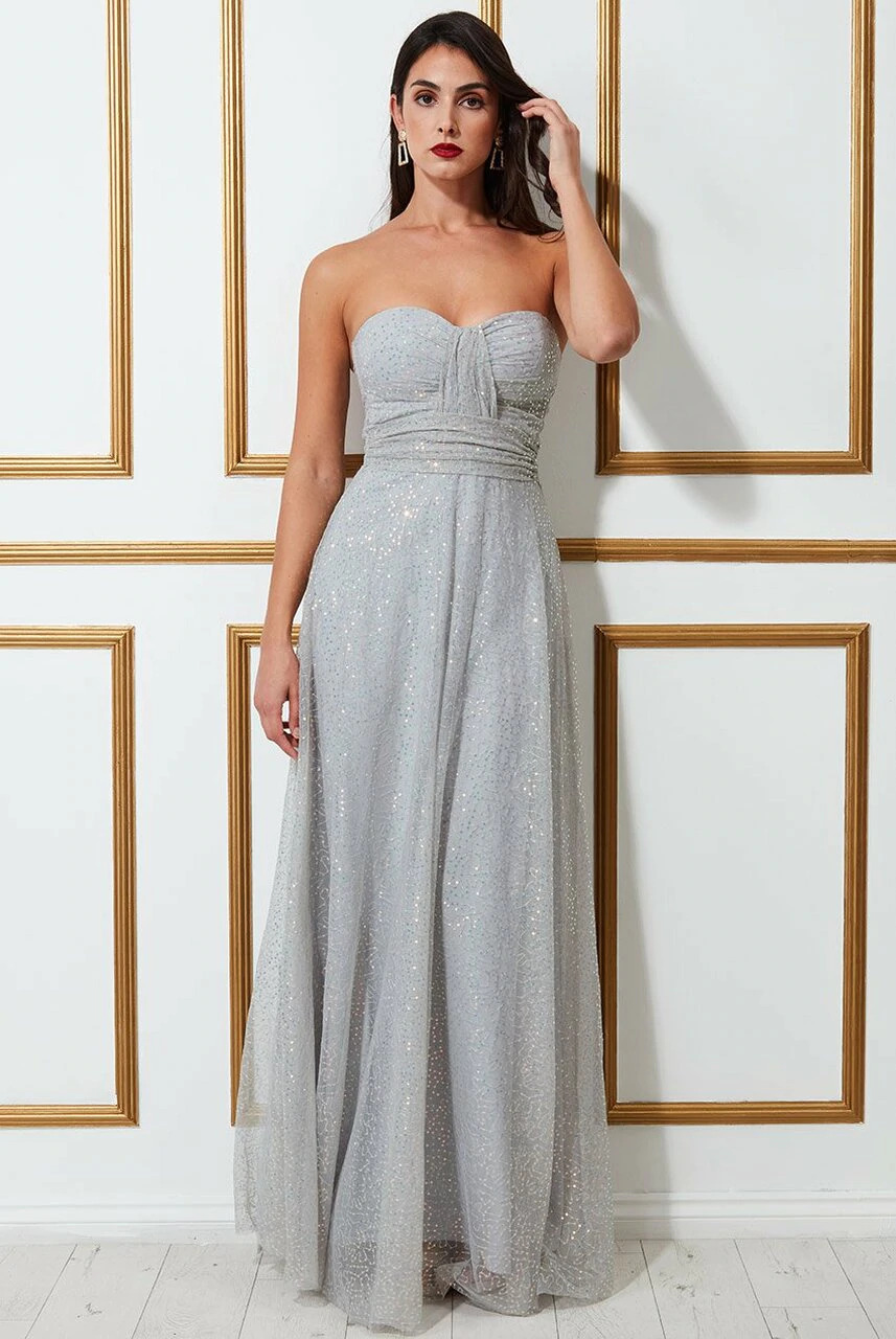 Goddiva Bandeau Sequin & Mesh Maxi Dress
