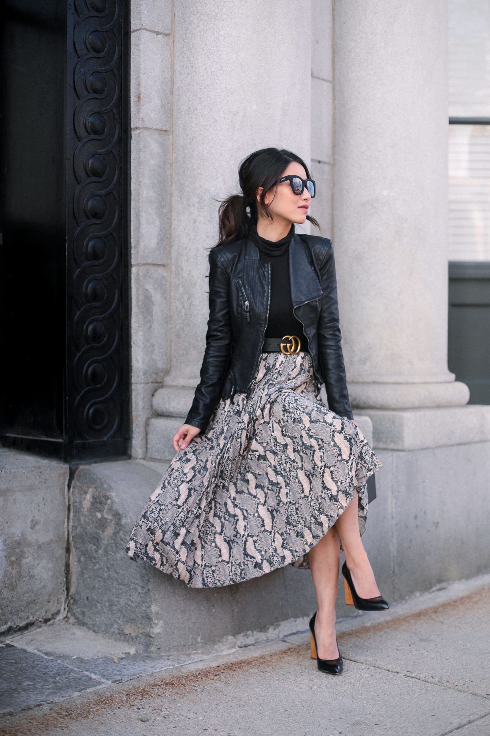 Faux Leather Jacket with a Flowing Skirt