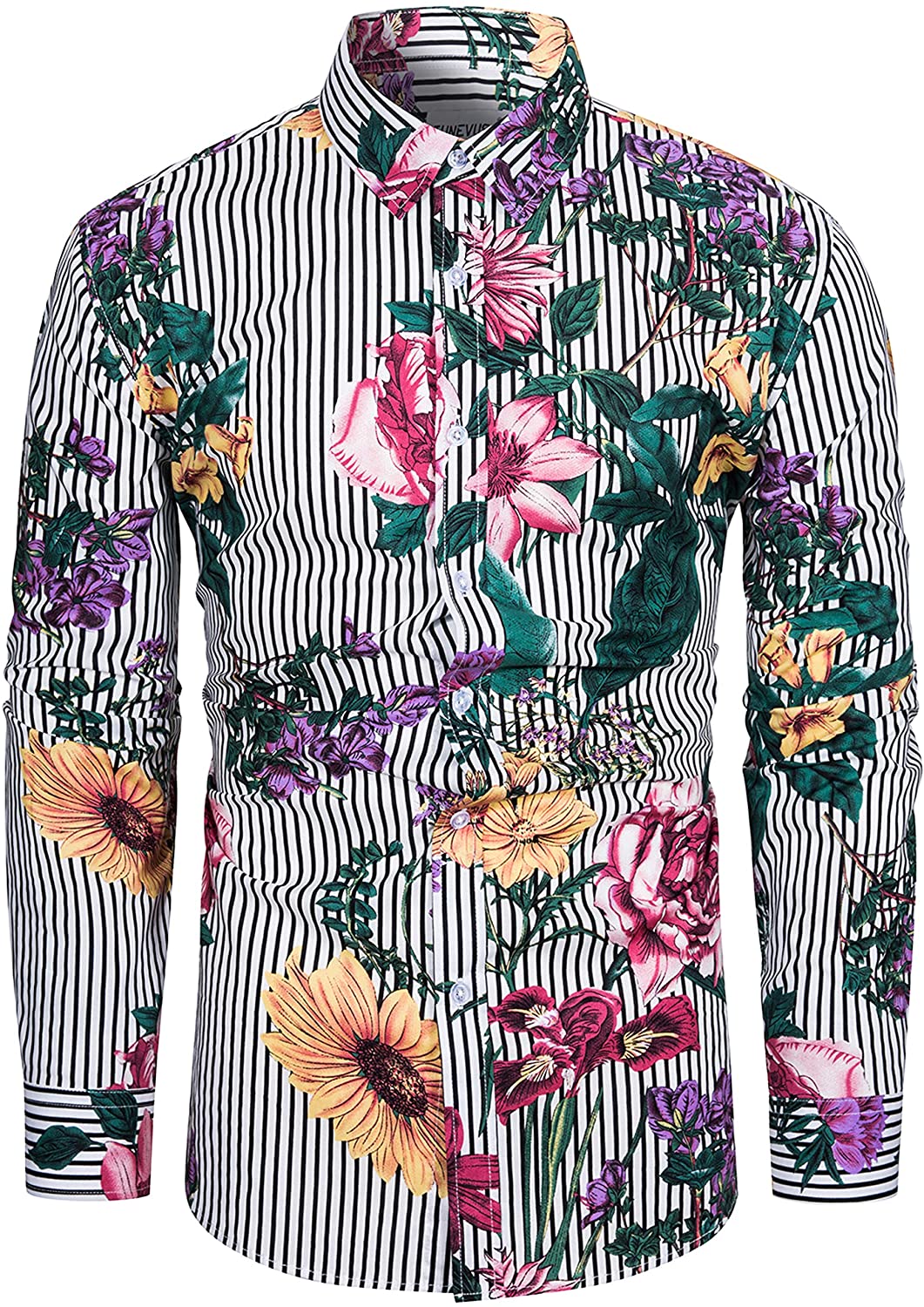 fohemr Mens Floral Printed Dress Shirts Long Sleeve Vintage Flower Casual Button Down Shirt Cotton