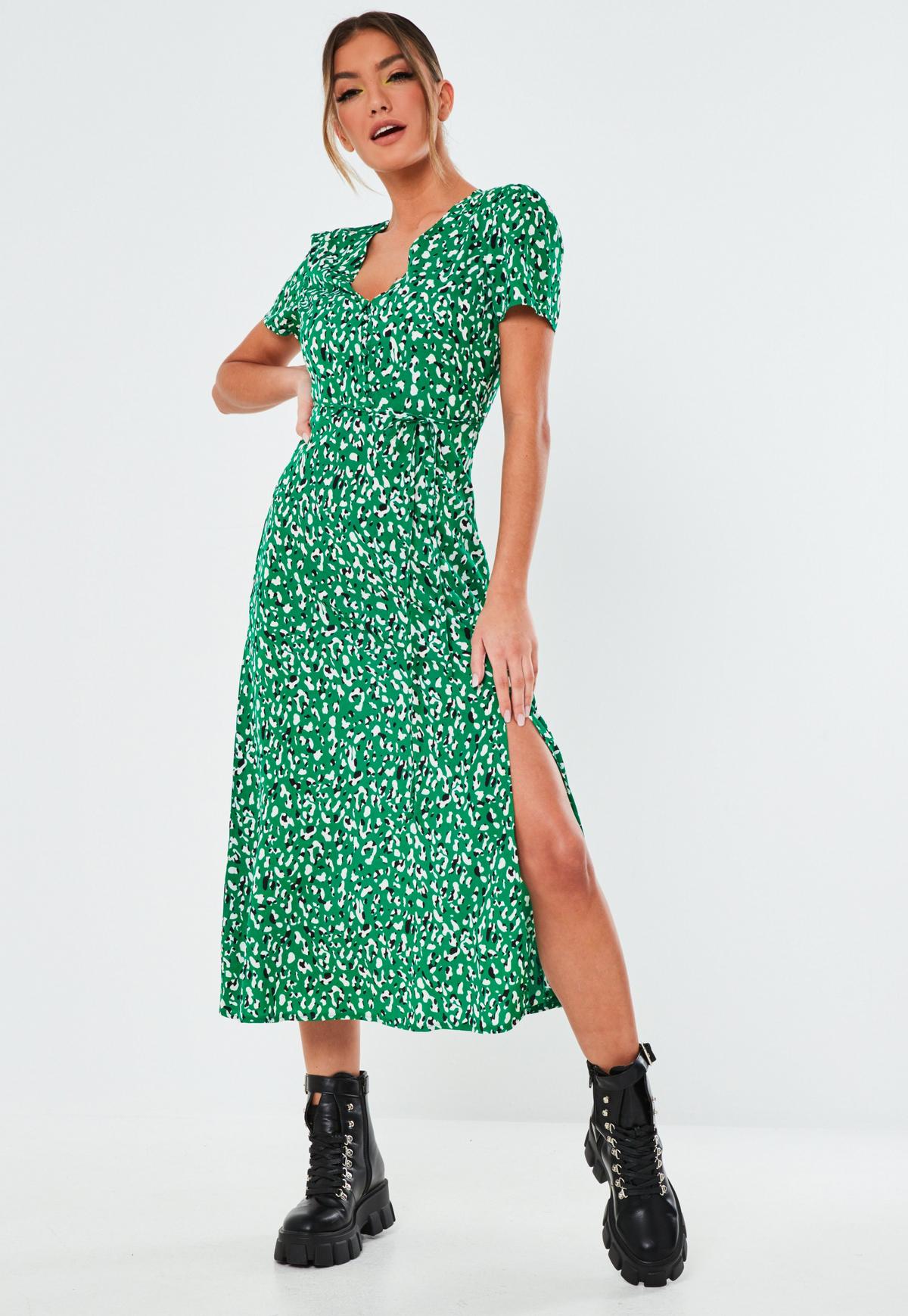 green leopard button midi tea dress