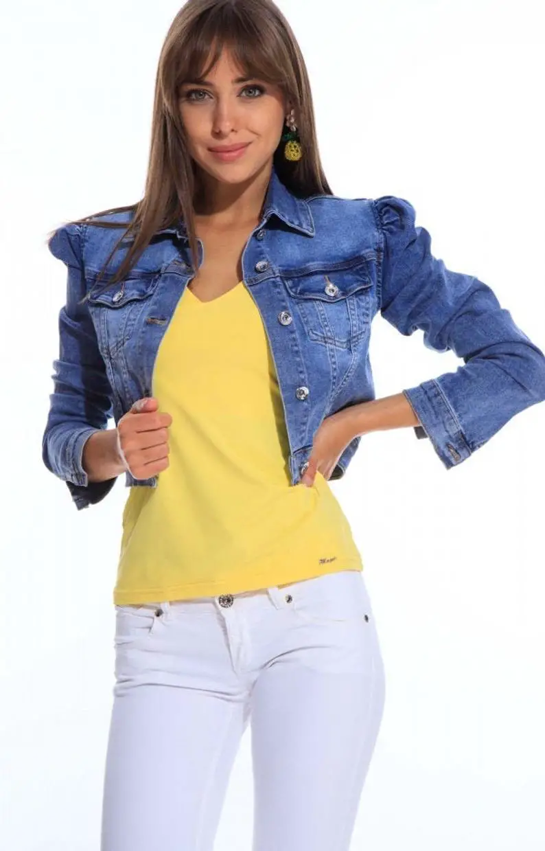 Mayo Chix Women Girl Puff Long Sleeve button Down Jeans Denim Jacket