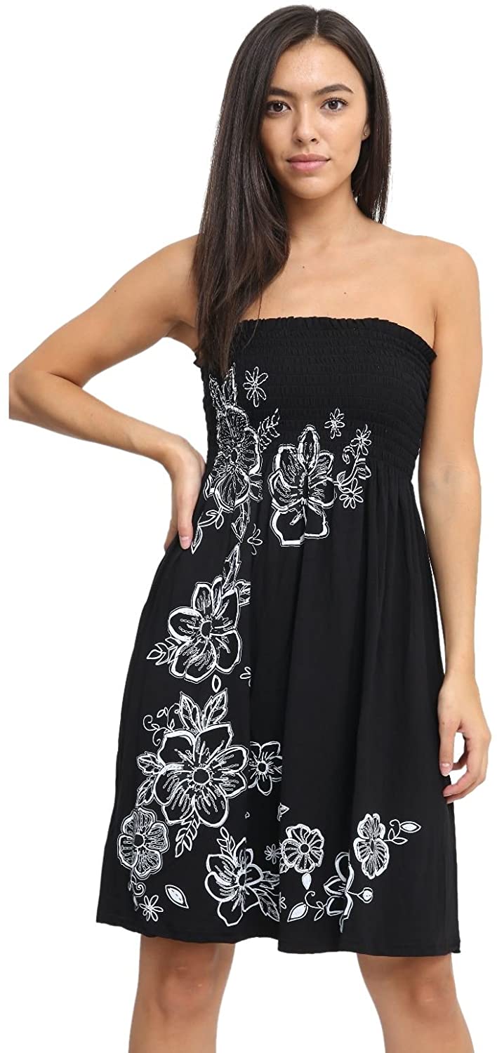 janisramone Womens Ladies New Floral Panel Print Bandeau Boobtube Flared Strapless Mini Dress Sheering Top