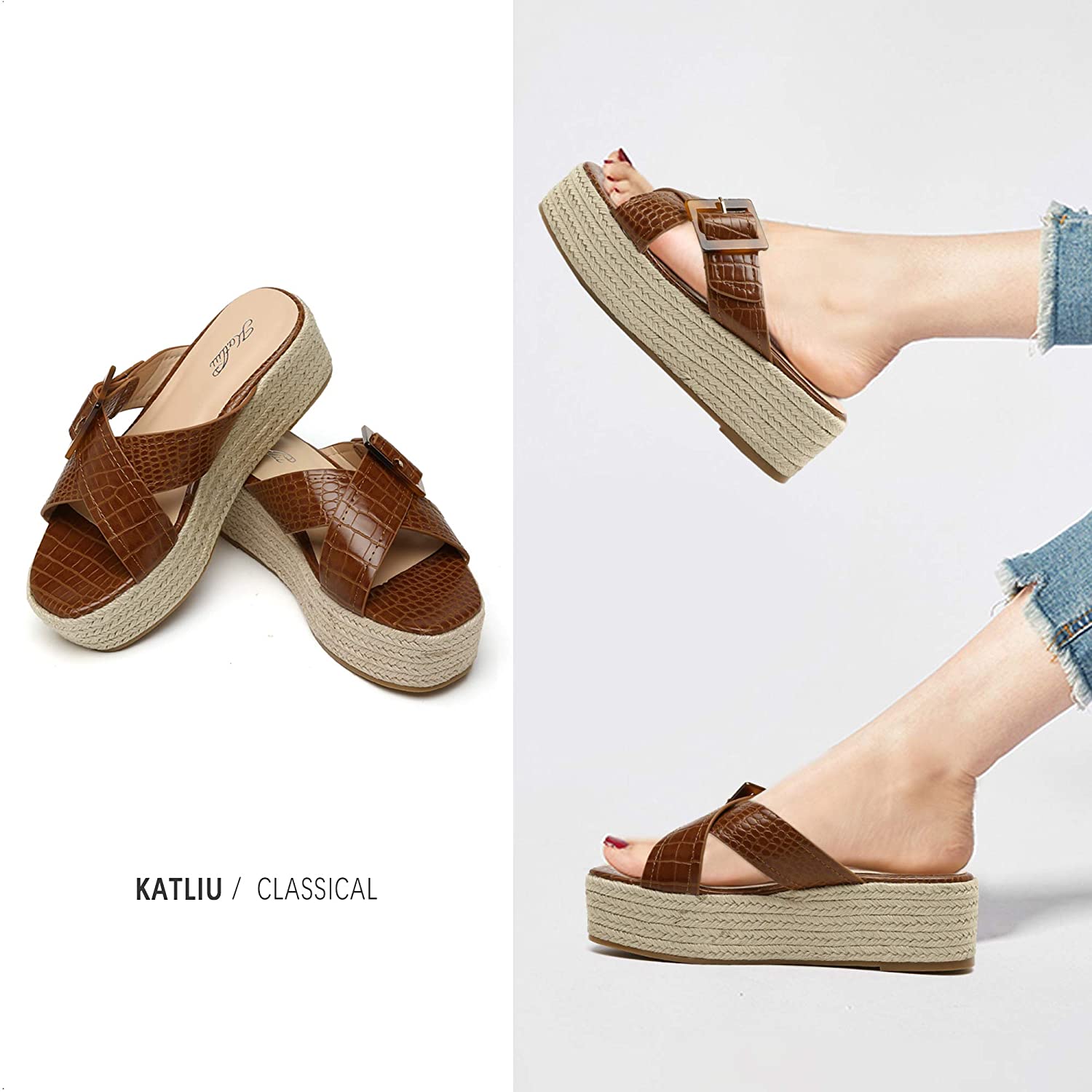 katliu Women's Platform Sandals, Open Toe Sliders