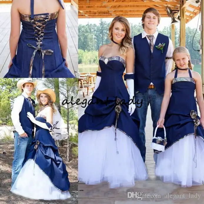 Wedding Dresses Navy Blue Denim A Line Pleats Sweetheart Lace Up Back ruffles cowgirl Bridal Gown