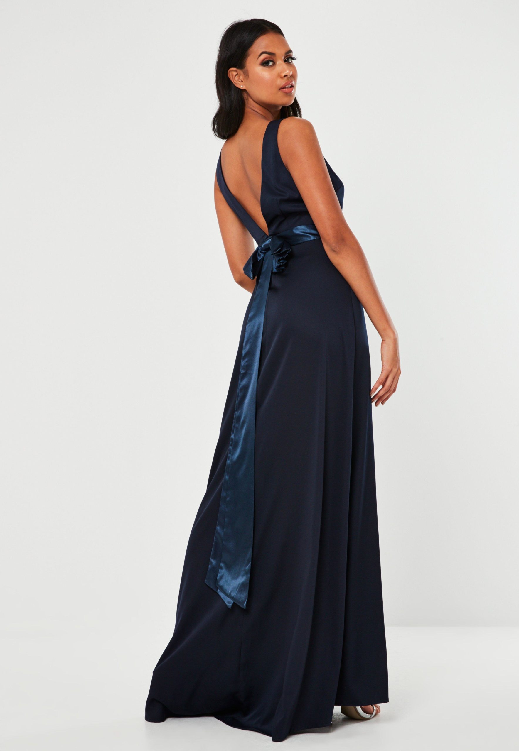 navy sleeveless low back bow maxi dress