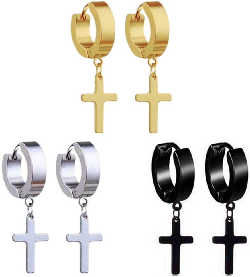nuosen 3 Pairs Cross Tassel earrings, Vintage Stainless Steel Dangle Hinged Cross Hoop Earrings for Men