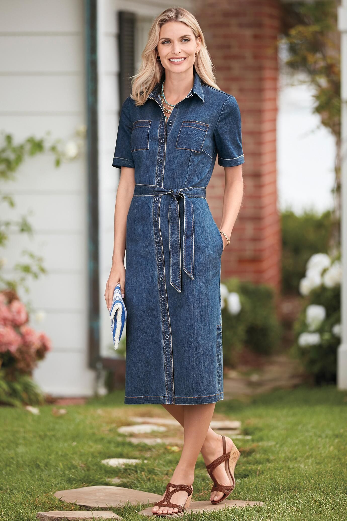 premium denim midi shirt dress